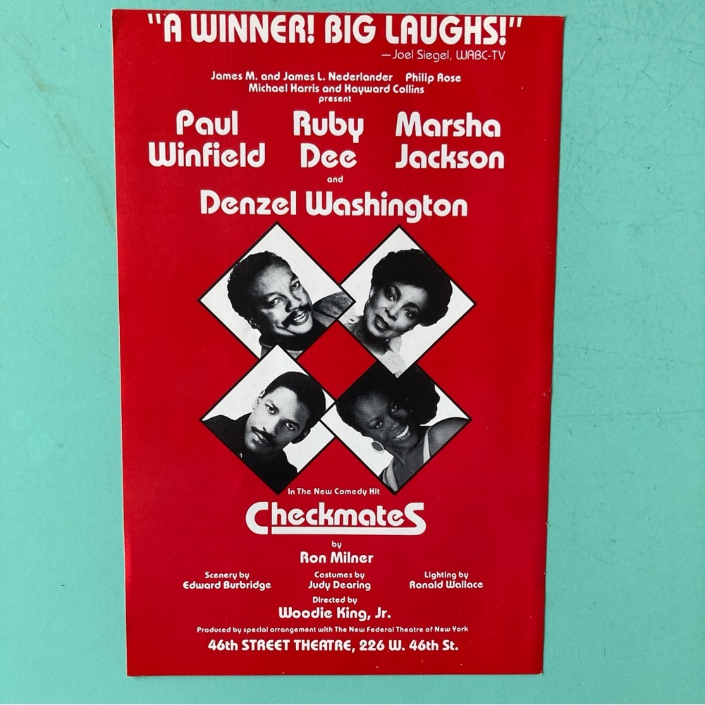 Denzel Washington Ruby Dee Two Sided Flyer Checkmates Broadway 5 1/2" x 8 1/2”